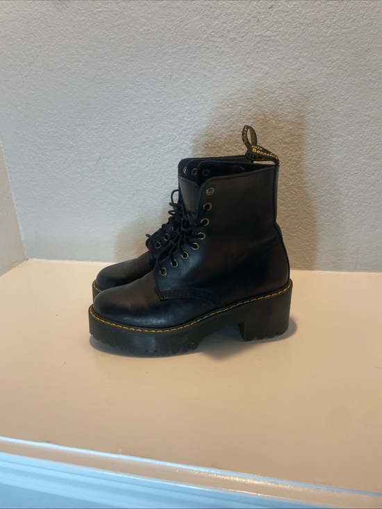 Dr. Martens Shoes - Dr. Martens Black Leather Platform Lace-Up Boots with Yellow Stitching